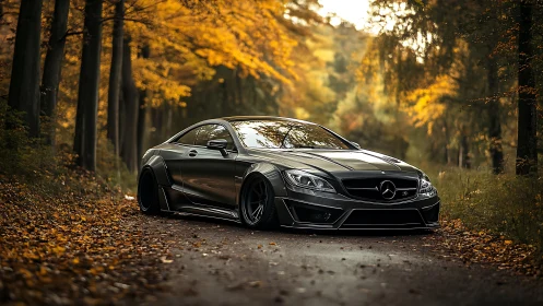 Low-slung silver predator prowls a golden autumn forest road