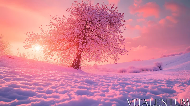 Solitary pink blossom tree in snowy hillside at sunset glow