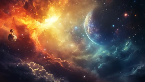 Planetary trio orbits vibrant nebula in turbulent cosmos