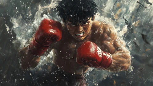 Aggressive male boxer throwing punches with red boxing gloves