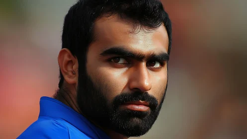 Close cropped portrait of bearded man in blue shirt.
