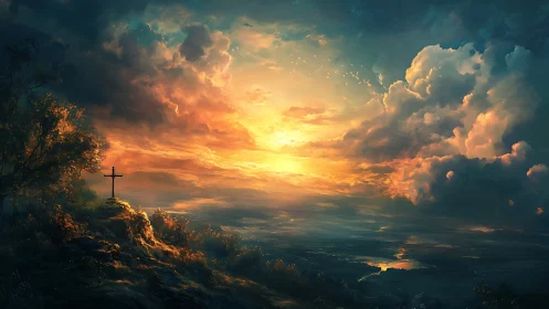 Luminous valley horizon with cross-silhouetted escarpment at dusk.