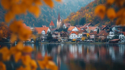 Lakeside European village with autumn foliage and church spire.