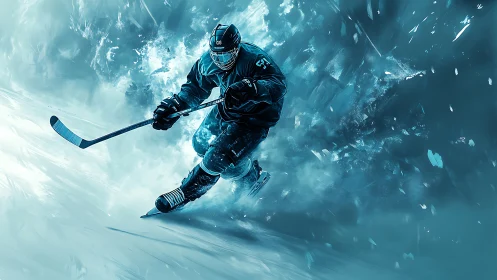Storm-forged hockey warrior slicing through frozen thunder.