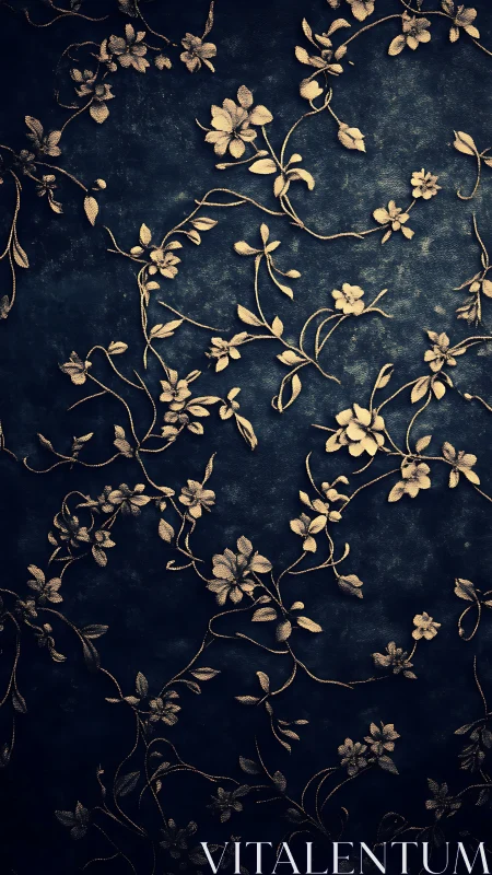 Golden Botanical Network on Deep Indigo Surface: Intricate Floral Metallurgy.