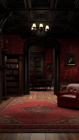 Victorian library interior with red velvet walls and rug