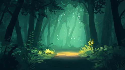 Enchanted Forest Clearing. Golden Light Through Green Mist