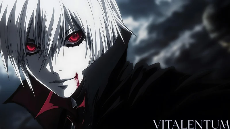 White haired vampire antihero under storm laden night sky.