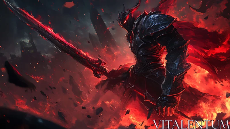 Infernal greatsword warlord in obsidian armor amid eruption