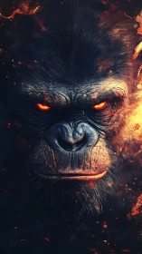 Fiery-eyed gorilla portrait in infernal ember-charged chiaroscuro.