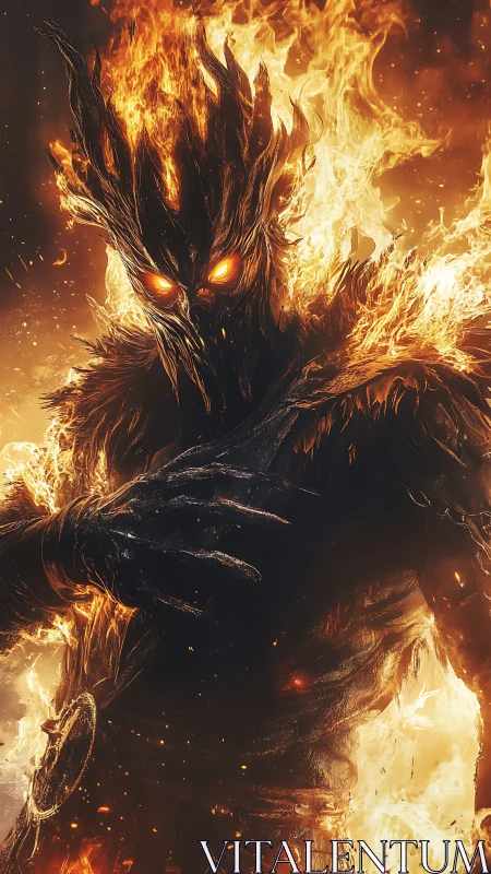 Fiery guardian rises from the flames with glowing ember eyes.