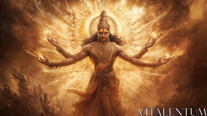 Golden multi-armed deity radiates cosmic divine energy