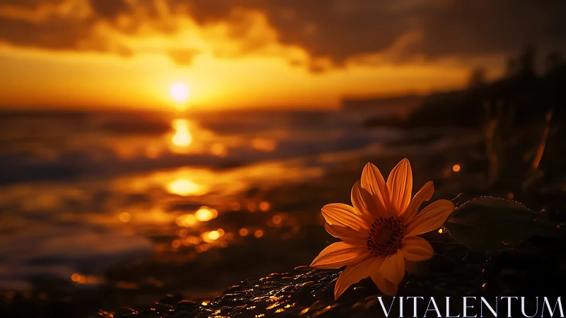 Macro shoreline flower against glowing ocean sunset horizon