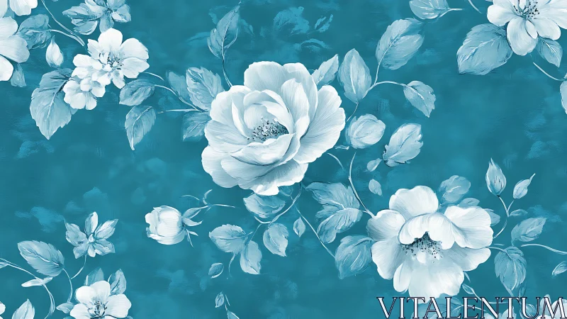 White and light blue flowers rendered against deep teal background.