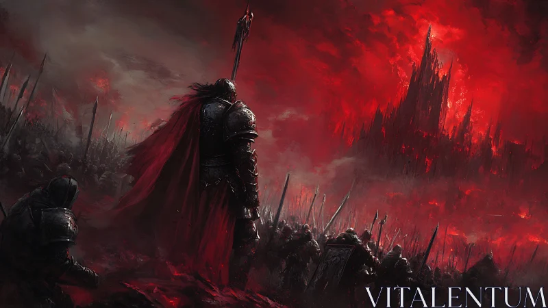 Armored warlord leads massive army toward burning citadel