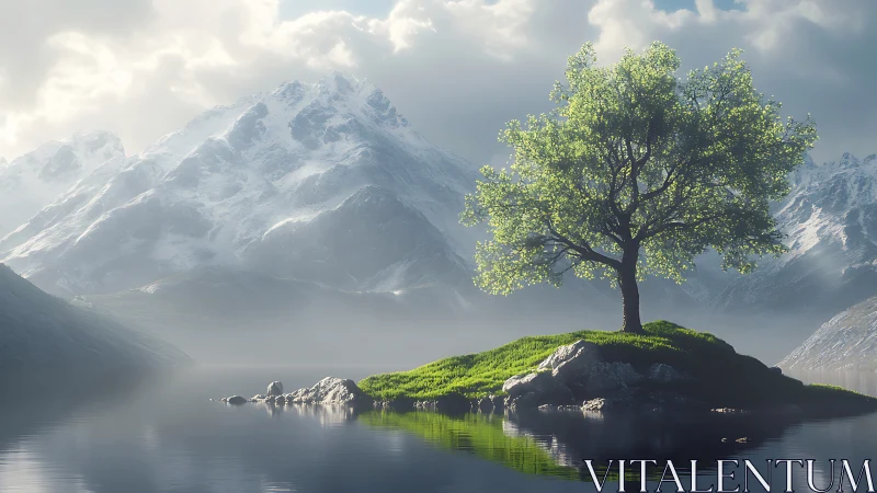Solitary green tree on small island in misty mountain lake.