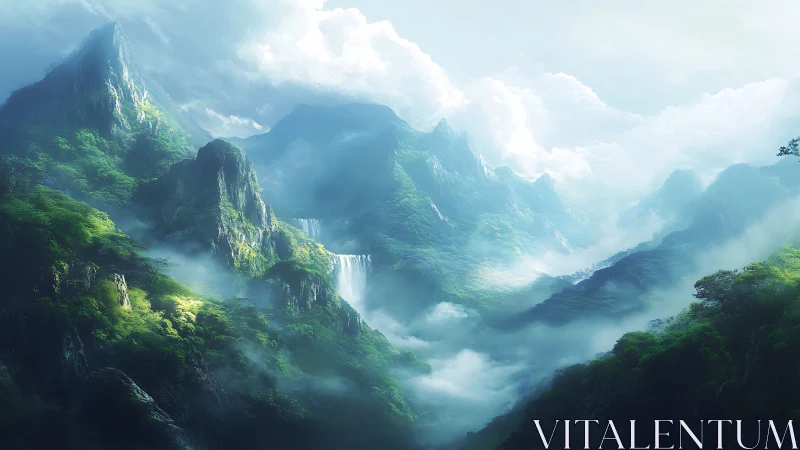 Lush mountain valley with waterfalls under dense cloud cover.