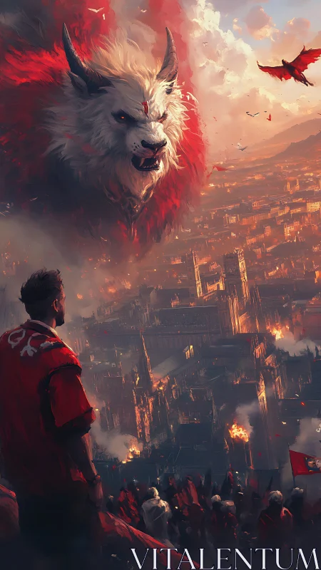 Colossal winged beast looms over burning fantasy cityscape.