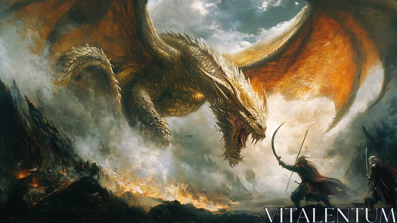 Golden war dragon over burning valley confronting warriors.