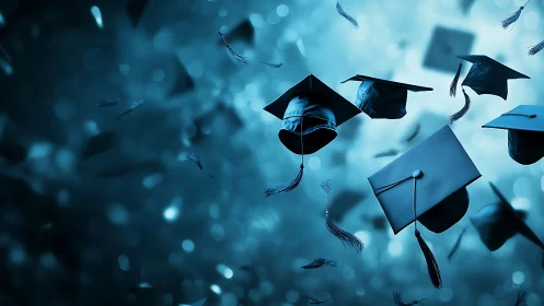 Graduation caps suspended against abstract blue background.