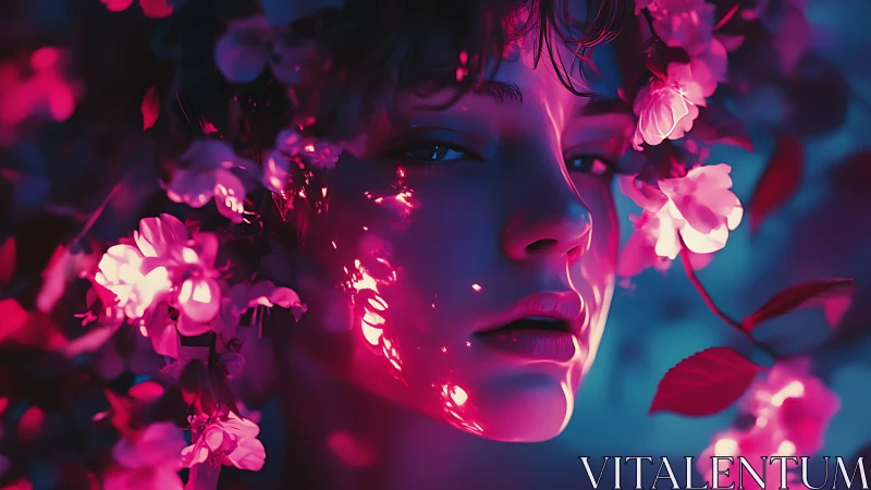 Neon blossom muse wrapped in electric twilight petals.