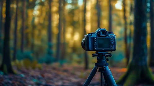 DSLR Sentinel Gazes Through Golden Canopy.