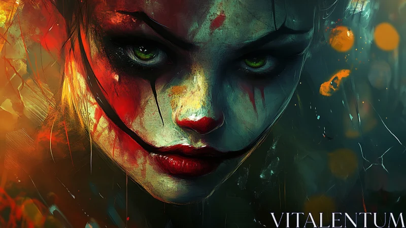 Intense clown-faced portrait uses saturated bokeh and dynamic brushwork