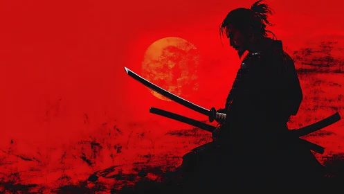 Samurai silhouette with katana against red sun backdrop.