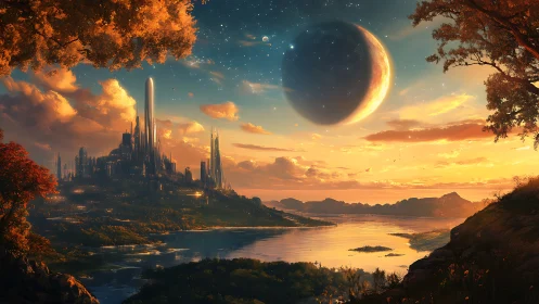 Futuristic lakeside citadel at sunset in luminous fantasy panorama.
