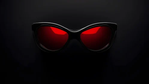 Black cat-eye sunglasses with red lenses on dark minimalist background.