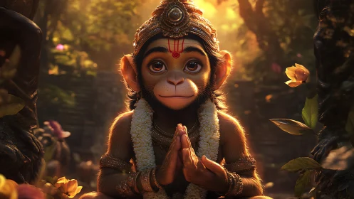 Gentle baby monkey in prayerful pose amid golden forest.