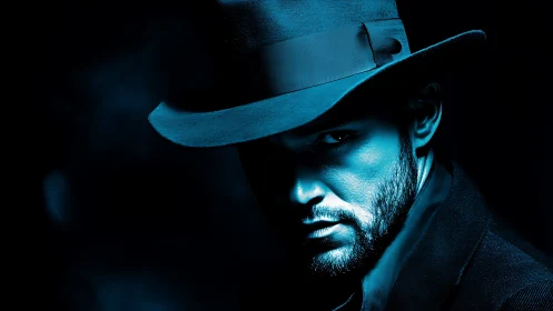 Noir-lit man in fedora under dramatic blue side lighting.