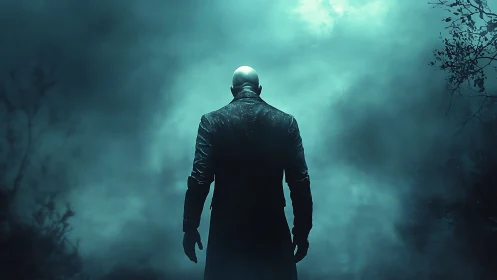 Solitary bald figure in long coat within dense fog bank.