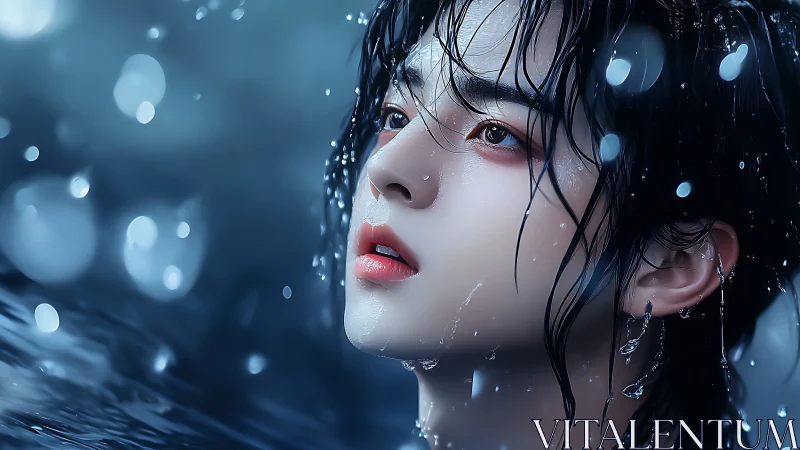 Wet-haired youth gazes upward through luminous blue rain