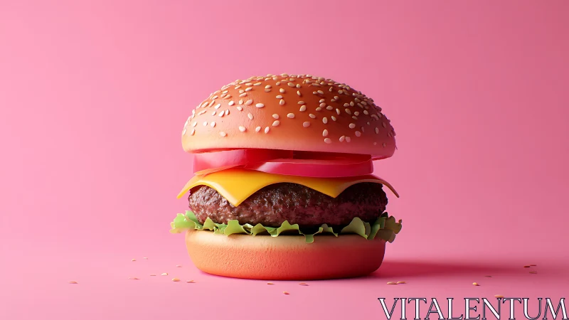 Sesame seed cheeseburger rendered on uniform pink background.