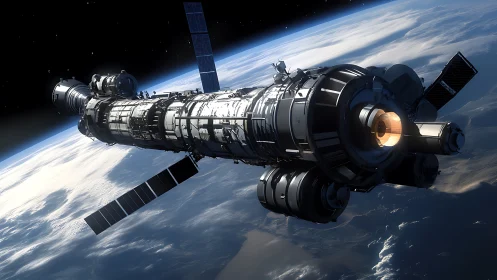 Futuristic orbital spacecraft glides in low Earth orbit majestically.
