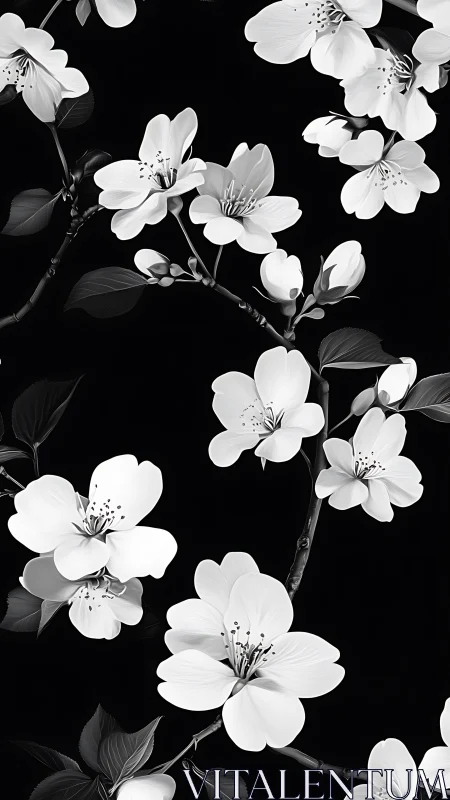 Monochromatic botanical study depicting flowering branches against black ground.