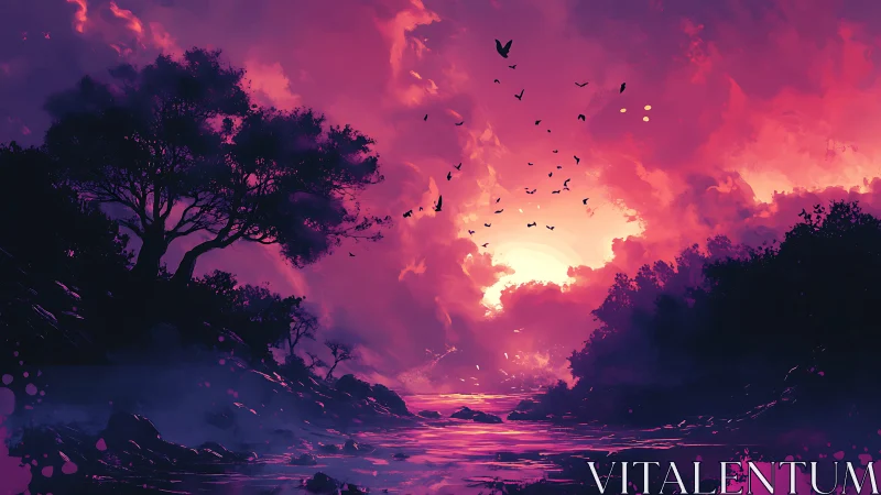 Hyper-saturated river valley sunset with silhouetted trees