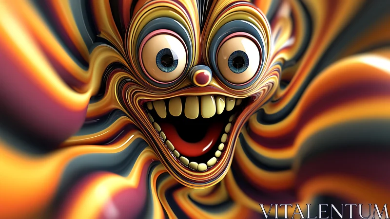 Surreal striped cartoon face warps through fluid 3D space