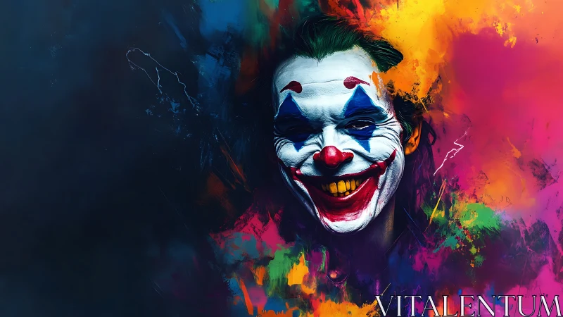 Smiling clown portrait dissolves into vivid neon paint clouds