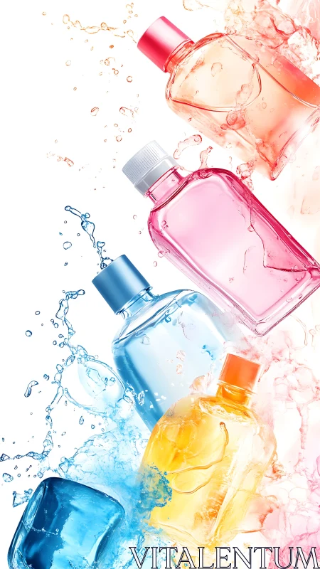 Splash-born perfume bottles dance in cascading color storms.