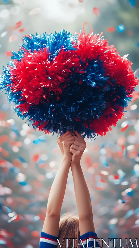 Joyful cheerleader pom-poms held high in colorful confetti.