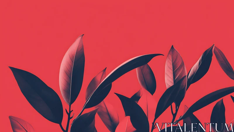 Crimson backdrop cradles sleek minimalist rubber tree leaves.