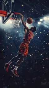 Basketball player jumps toward hoop under arena floodlights