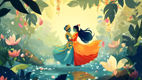Romantic couple in colorful gowns in lush fantasy forest.