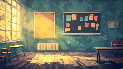 Sunlit vintage classroom interior with noticeboard and desks