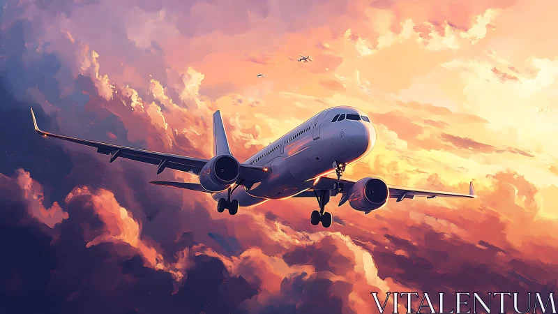 Passenger jet descending through colorful sunset clouds.