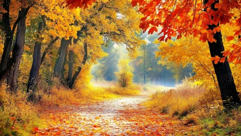 Luminous Autumn Canopy: Golden Forest Pathway in Fall.