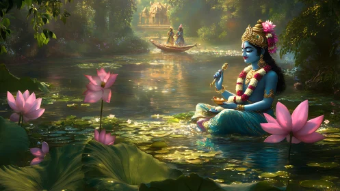 Divine blue figure in lotus-filled river under golden light.