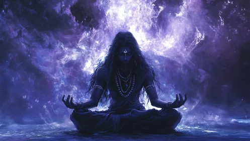 Seated meditative figure is centered within luminous violet aura